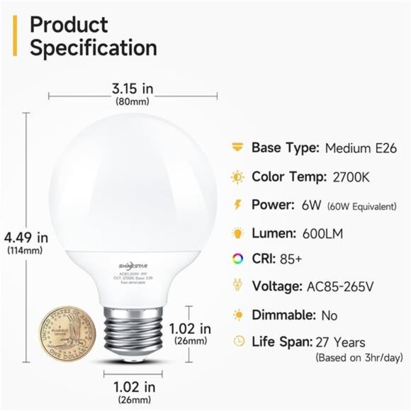 8-Pack Vanity Light Bulbs for Bathroom 60 Watt, Warm White 2700K, G25 LED Globe - Picture 3 of 7